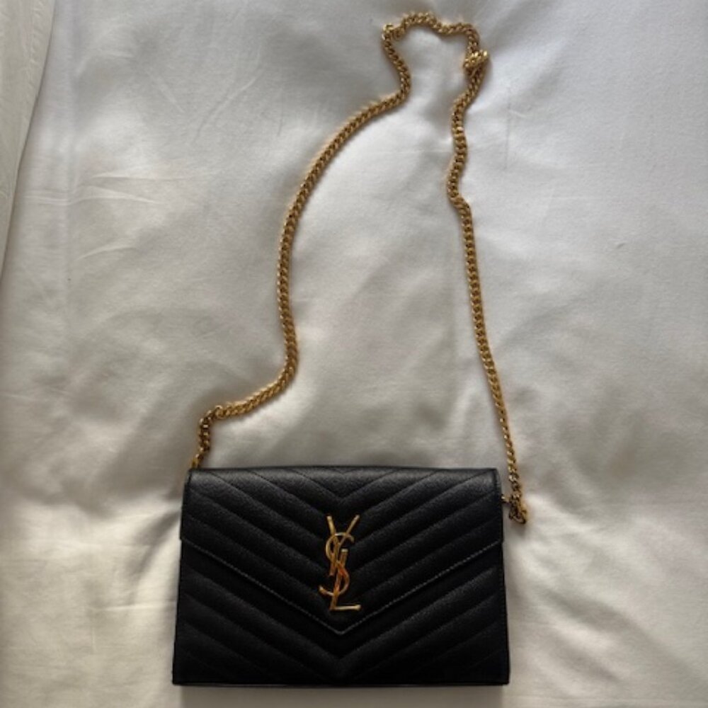Black Yves Saint Laurent YSL Monogram Large Wallet on Chain in Grained Leather